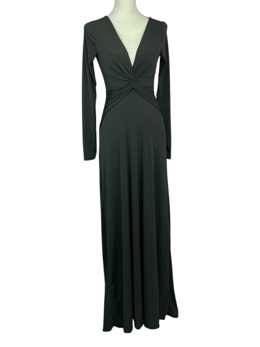 Ruched Stretch Maxi Dress NEW M Long Sleeve V-Neck Morticia Addams Black Plunge